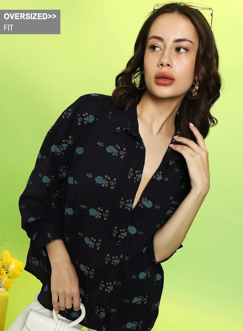 Campus Sutra Women's Midnight Black Floral Block Oversized Shirt