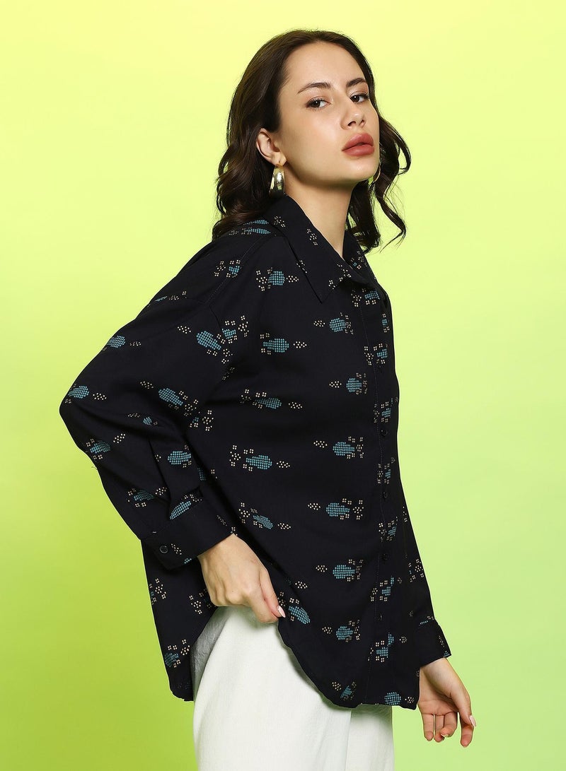 PINACOLADA Women's Midnight Black Floral Block Oversized Shirt - Image 3