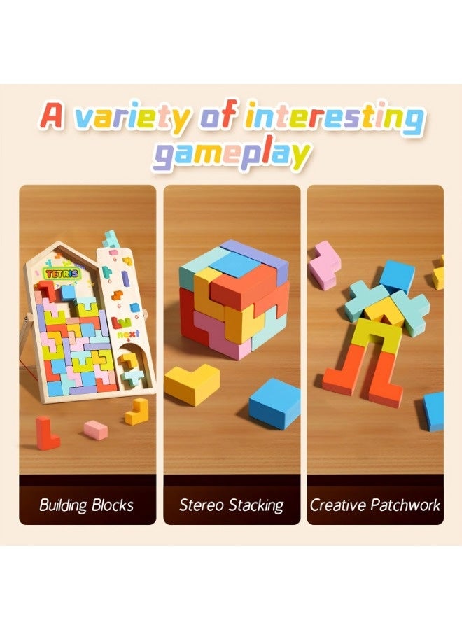 فيكسبلورن لعبة مونتيسوري تيتريس الخشبية، لغز تيتريس الخشبي مع حامل، لغز خشبي تفاعلي للأطفال والآباء مع قطع عشوائية، قطع تيتريس ملونة ثلاثية الأبعاد، لعبة مونتيسوري للأطفال من عمر سنتين فما فوق. - Image 5