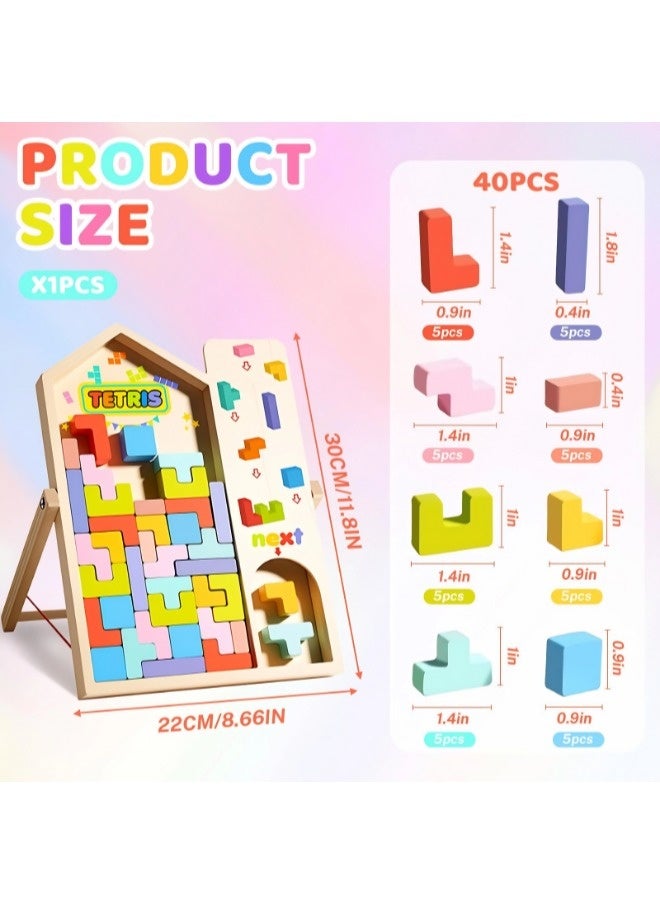 فيكسبلورن لعبة مونتيسوري تيتريس الخشبية، لغز تيتريس الخشبي مع حامل، لغز خشبي تفاعلي للأطفال والآباء مع قطع عشوائية، قطع تيتريس ملونة ثلاثية الأبعاد، لعبة مونتيسوري للأطفال من عمر سنتين فما فوق. - Image 2