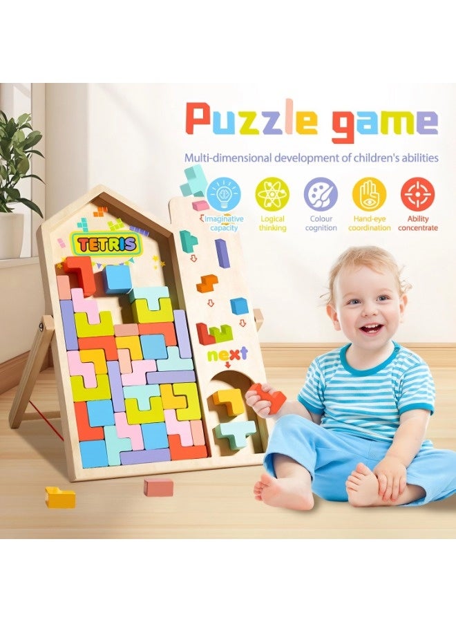 فيكسبلورن لعبة مونتيسوري تيتريس الخشبية، لغز تيتريس الخشبي مع حامل، لغز خشبي تفاعلي للأطفال والآباء مع قطع عشوائية، قطع تيتريس ملونة ثلاثية الأبعاد، لعبة مونتيسوري للأطفال من عمر سنتين فما فوق. - Image 4