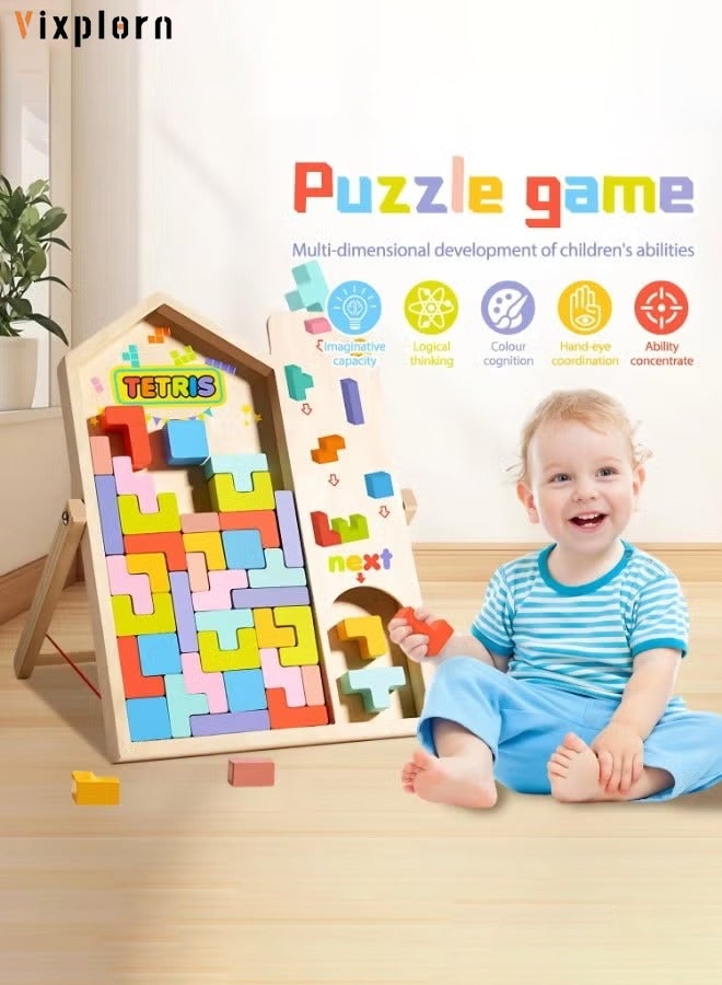 Vixplorn Montessori Tetris Wooden Game, Wooden Tetris Stacking Puzzle with Holder, Parents Child Interactive Wooden Puzzle Drop Random Blocks, 3D Colourful Tetris Blocks Montessori Toy from 2 Years - Image 1