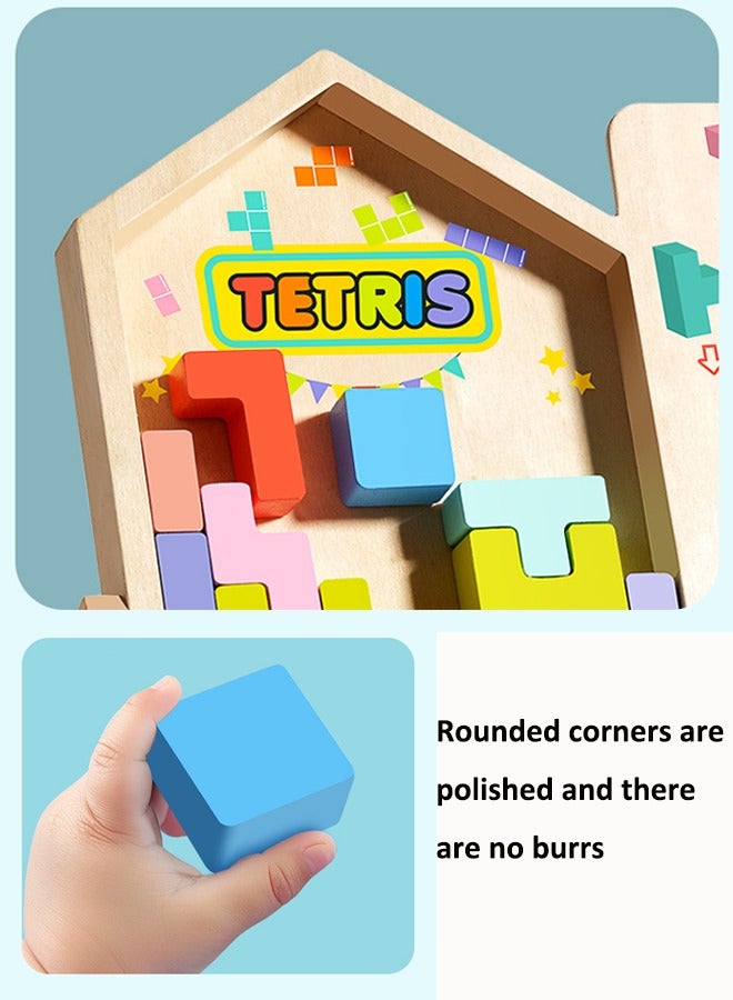 Vixplorn Montessori Tetris Wooden Game, Wooden Tetris Stacking Puzzle with Holder, Parents Child Interactive Wooden Puzzle Drop Random Blocks, 3D Colourful Tetris Blocks Montessori Toy from 2 Years - Image 4