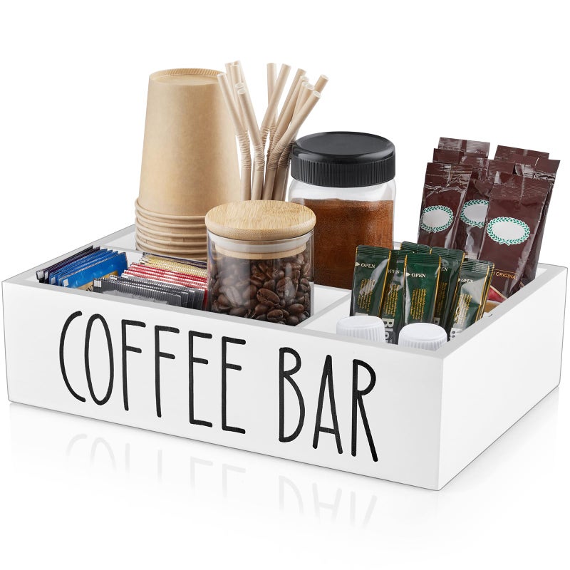 ALELION White Coffee Station Organizer with Removable Dividers Wooden Coffee Bar Countertop Organizer for Pods Stirrers Sugar Packets Lids Kitchen Office Caf Use - Image 2