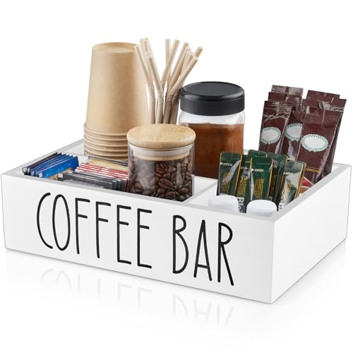ALELION White Coffee Station Organizer with Removable Dividers Wooden Coffee Bar Countertop Organizer for Pods Stirrers Sugar Packets Lids Kitchen Office Caf Use - Image 1