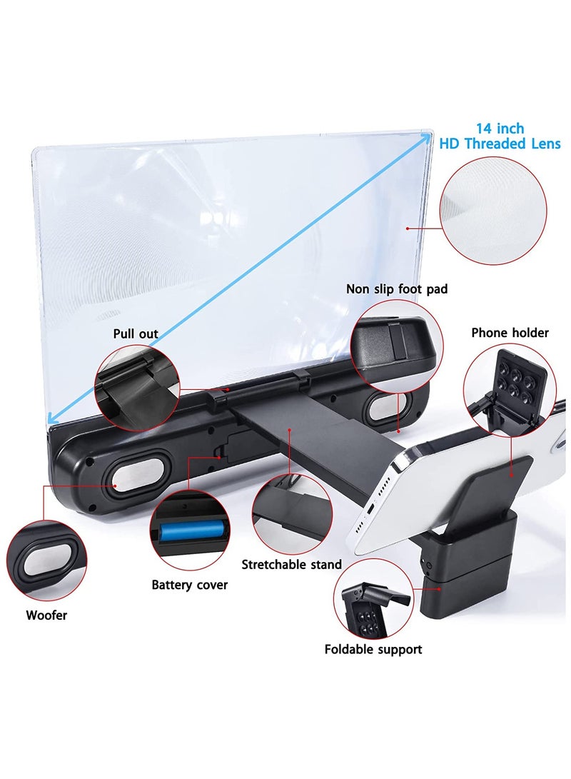 SYOSI Mobile Phone Screen Amplifier, with 2-in-1 Foldable Stretch Stand Holder, 14 inch Phone Screen Magnifier with Bluetooth Speaker, Portable 3D Screen Magnifying Glass for All Smartphones (Black) - Image 5