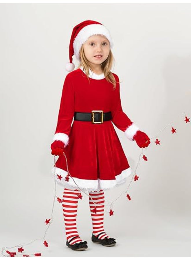 Ciao Children’s Christmas Santa Dress Costume – Red Velvet Long-Sleeve Outfit with Fur Trim, Santa Hat, Gloves, Belt & Striped Stockings (Size 130 cm, 8–9 Years) - Image 3