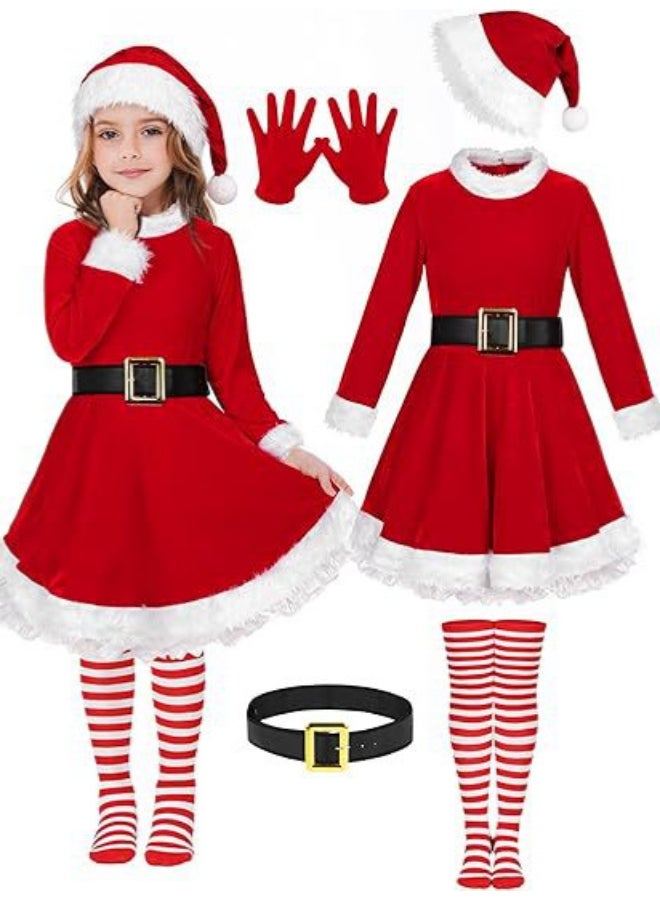 Ciao Children’s Christmas Santa Dress Costume – Red Velvet Long-Sleeve Outfit with Fur Trim, Santa Hat, Gloves, Belt & Striped Stockings (Size 130 cm, 8–9 Years) - Image 1