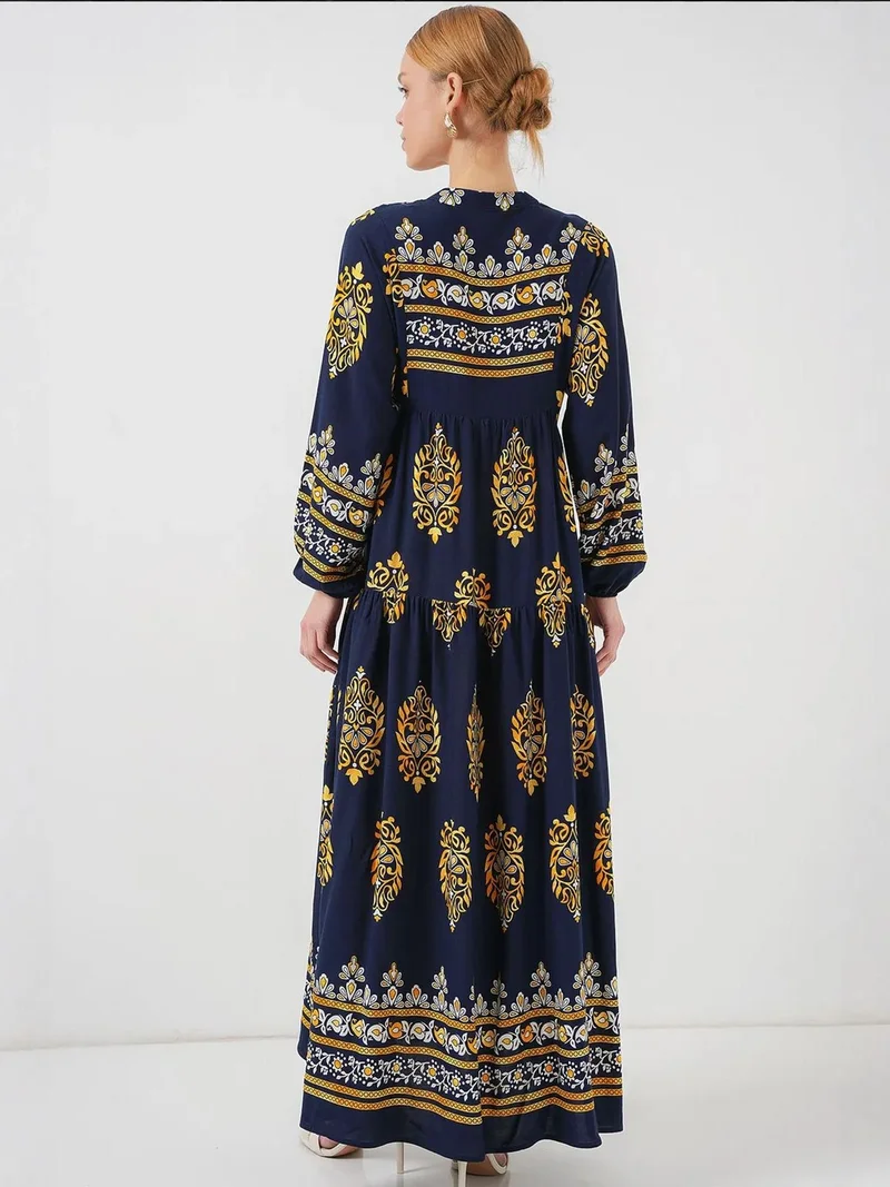 Big Dart Navy Blue BDART Printed V-Neck Maxi Dress with Button Closure for Women | Best Price UAE
