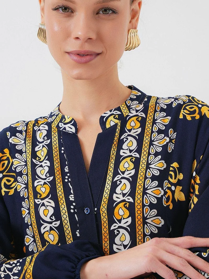 Big Dart Navy Blue BDART Printed V-Neck Maxi Dress with Button Closure for Women | Best Price UAE