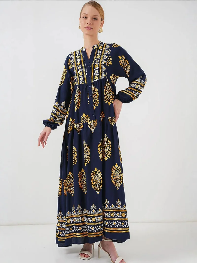 Big Dart Navy Blue BDART Printed V-Neck Maxi Dress with Button Closure for Women | Best Price UAE