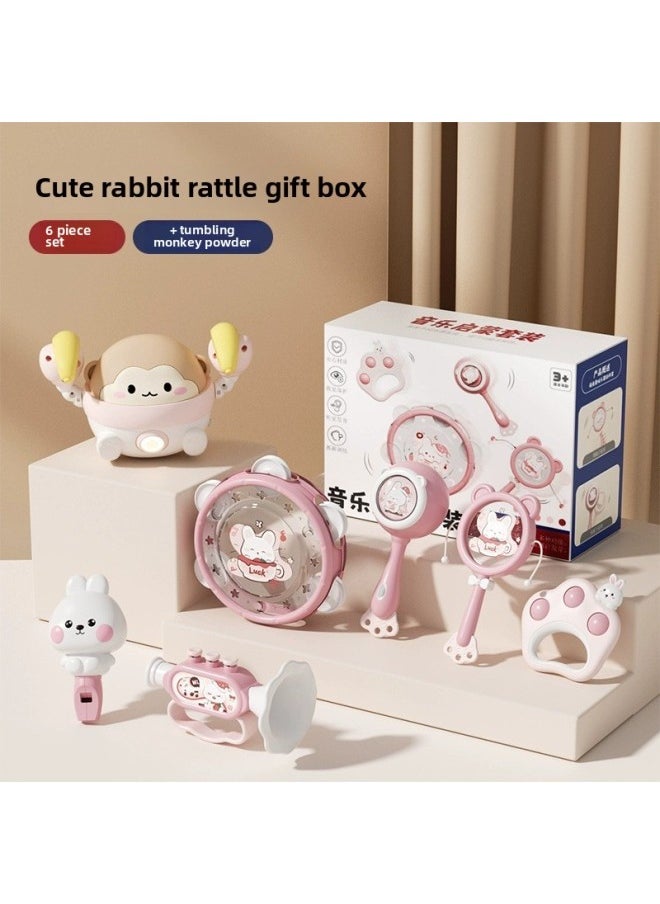 Generic Newborn Hand Rattle Baby Toys 0-1 Year Old Baby 3 To 6 Months Can Chew Early Education Sand Hammer Rattle Small Age-Color:[great Value Combination] Cute Rabbit Rattle 6-piece Set + Tumbling Monkey  - Image 1