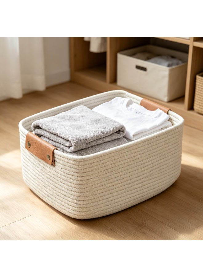 Rectangle Cotton Rope Woven Basket with Handles for Books, Magazines, Toys - Decorative Rectangle Basket for  ,Living Room, Bathroom - Image 3