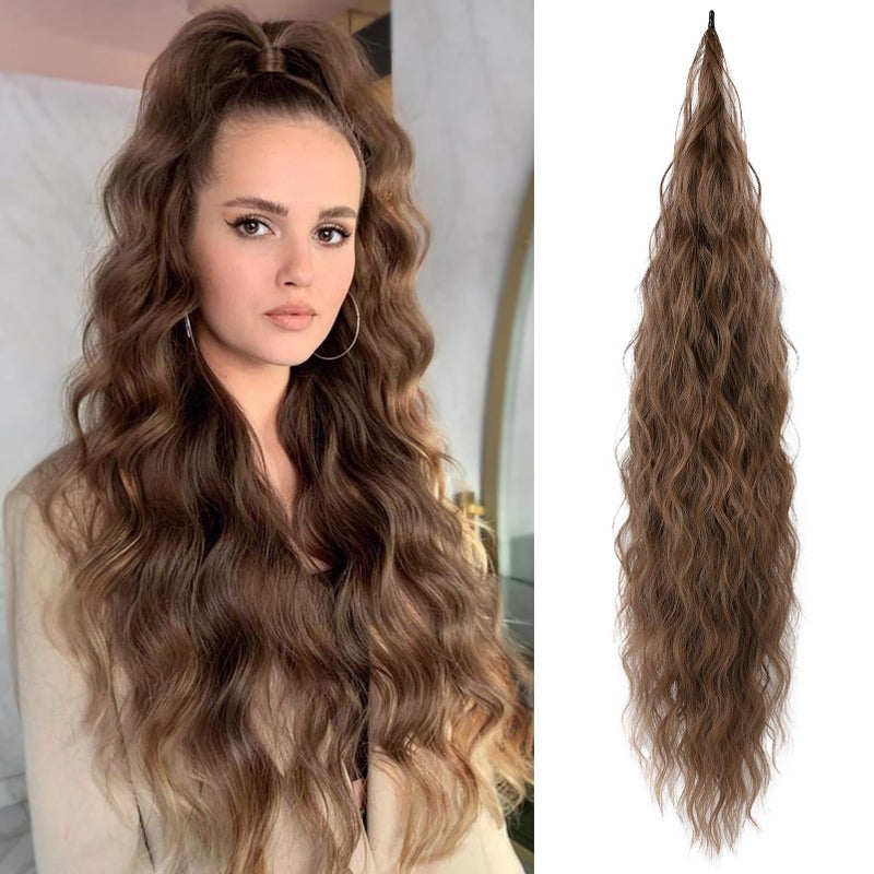 Flufymooz Ponytail Extension Flexible Wrap Around Ponytail Extension Long Wavy Curly Ponytail Hair Extensions Natural pony tail Synthetic Hairpiece for Women 32 Inch Brown with Auburn