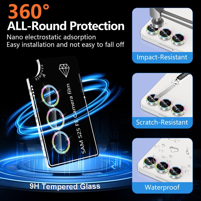 Avocase for Samsung Galaxy S25 FE Camera Lens Protector, Individual Metal Ring Tempered Glass Lens Cover, [Strong Adsorption] Scratch Resistant Ultra-Thin HD Clear Lens Cover, 1 Set-Colorful Sparkly - Image 2