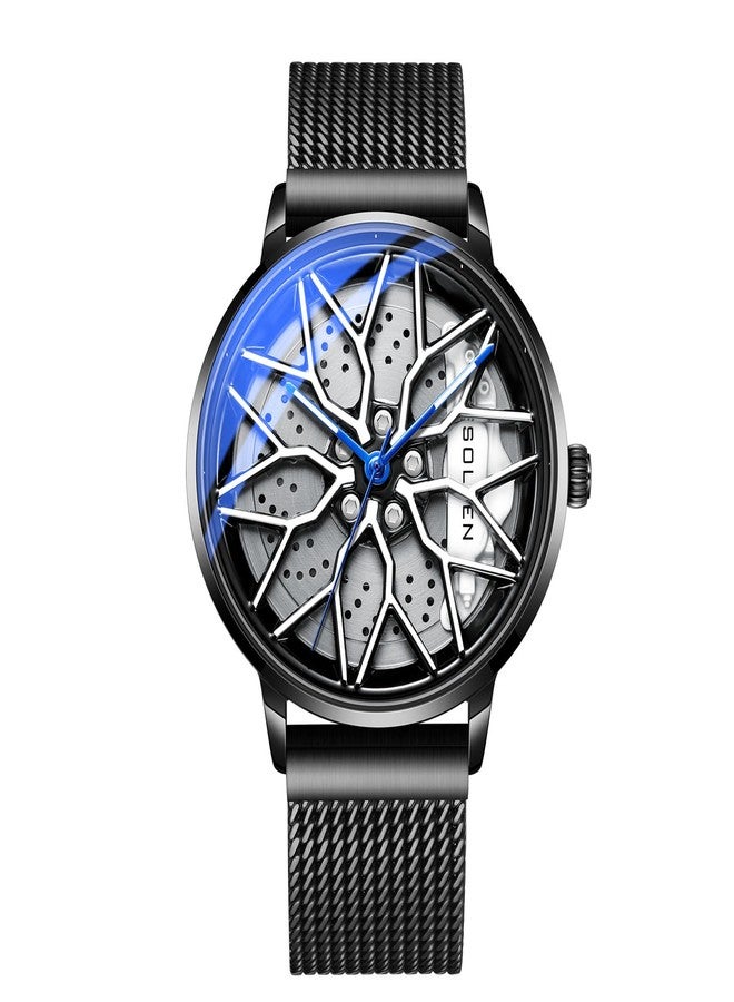 SOLLEN Car Watches for Men, Spinning Car Wheel Rim Watch, Casual Waterproof Men's Wrist Watch with Japanese Quartz & Luminous Function, Gift for Adults, Car Enthusiast - 42.5mm, White, Modern - Image 1