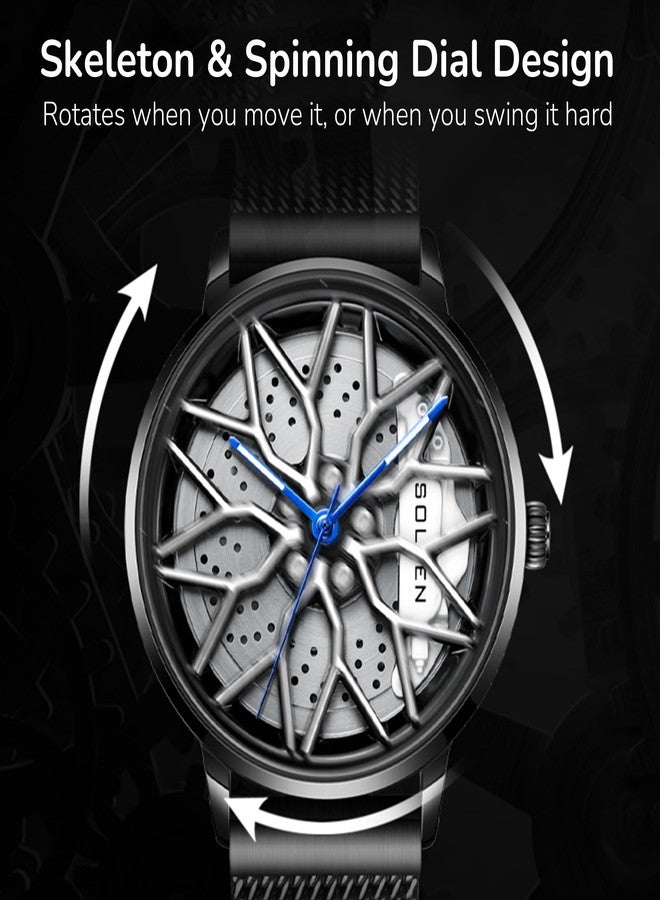 SOLLEN Car Watches for Men, Spinning Car Wheel Rim Watch, Casual Waterproof Men's Wrist Watch with Japanese Quartz & Luminous Function, Gift for Adults, Car Enthusiast - 42.5mm, White, Modern - Image 4
