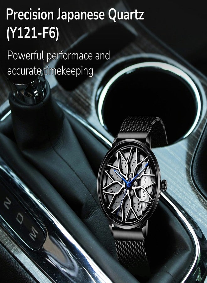 SOLLEN Car Watches for Men, Spinning Car Wheel Rim Watch, Casual Waterproof Men's Wrist Watch with Japanese Quartz & Luminous Function, Gift for Adults, Car Enthusiast - 42.5mm, White, Modern - Image 5