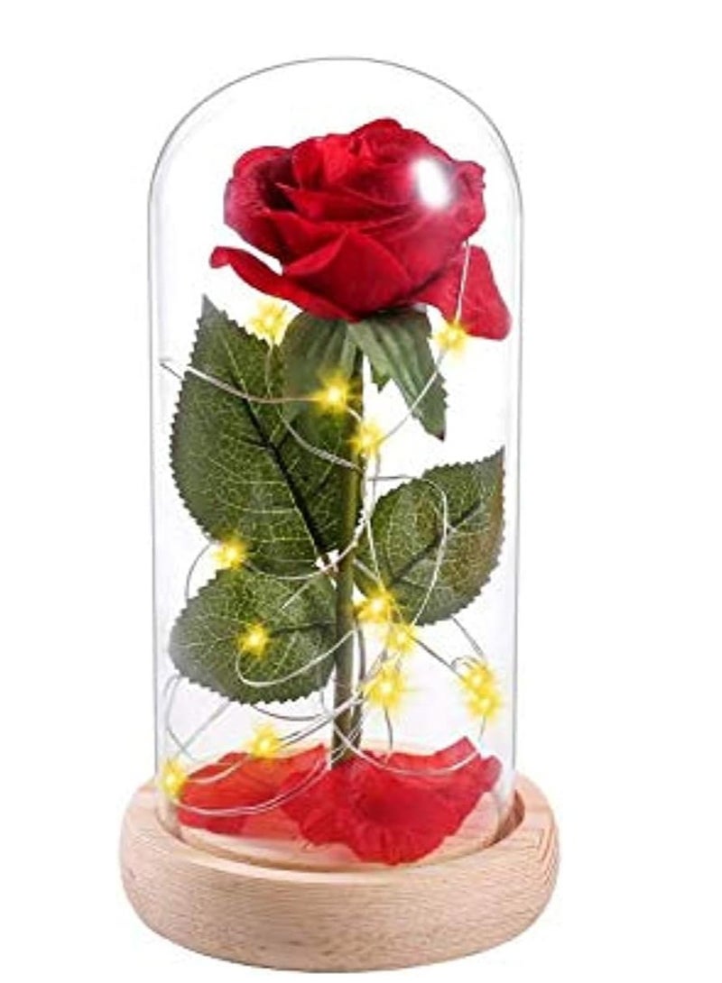Beauty and Beast Roses Dream Flower Red Silk Rose with LED Light and Fallen Petals on a Glass Dome Wooden Base - Image 1