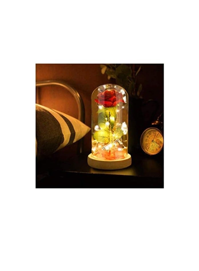 Beauty and Beast Roses Dream Flower Red Silk Rose with LED Light and Fallen Petals on a Glass Dome Wooden Base - Image 2