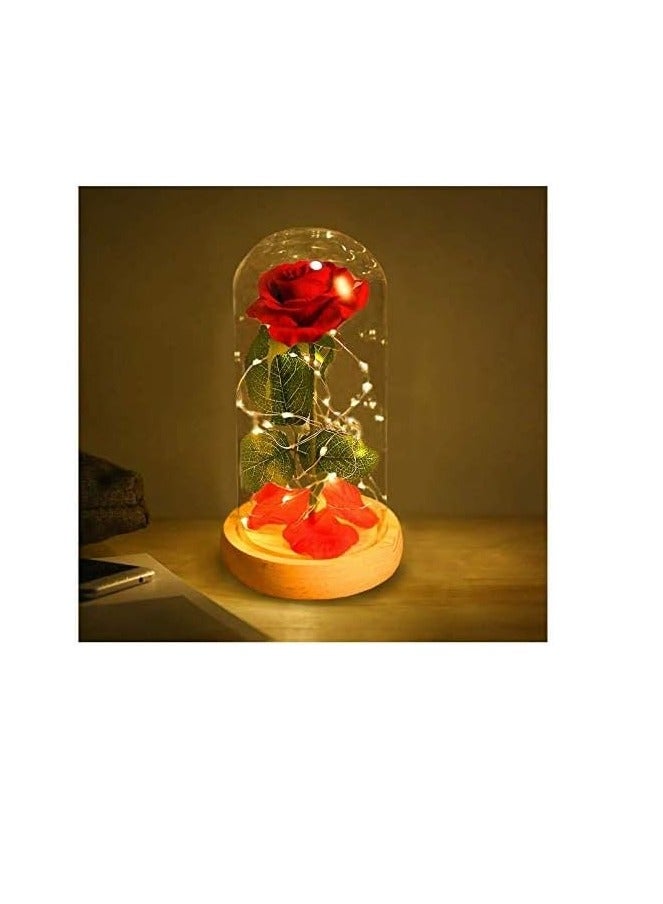 Beauty and Beast Roses Dream Flower Red Silk Rose with LED Light and Fallen Petals on a Glass Dome Wooden Base - Image 3