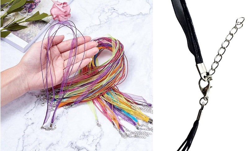 DIY Crafts 1 Pc, Black Color, Black Colorful Voile Organza Ribbon Waxed Cord String Necklace Strap with Lobster Clasp Extension Chain for DIY Jewelry Making Ch(1 Pc, Black Color) - Image 4