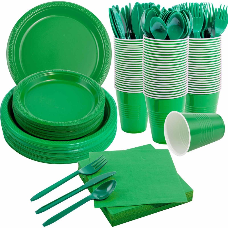 MirthMood 350pcs Green Party Supplies Disposable Plates Set Including Green Plastic Plates and Napkins Plastic Cutlery and 12OZ Cups Serve 50 Guests
