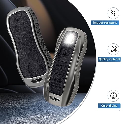 YO&YOYE Compatible with Porsche Key Fob Cover with Keychain Leather Key Case Protector Fit for Porsche Cayenne 911 Taycan Panamera, Black - Image 3