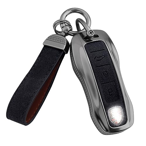 YO&YOYE Compatible with Porsche Key Fob Cover with Keychain Leather Key Case Protector Fit for Porsche Cayenne 911 Taycan Panamera, Black - Image 1