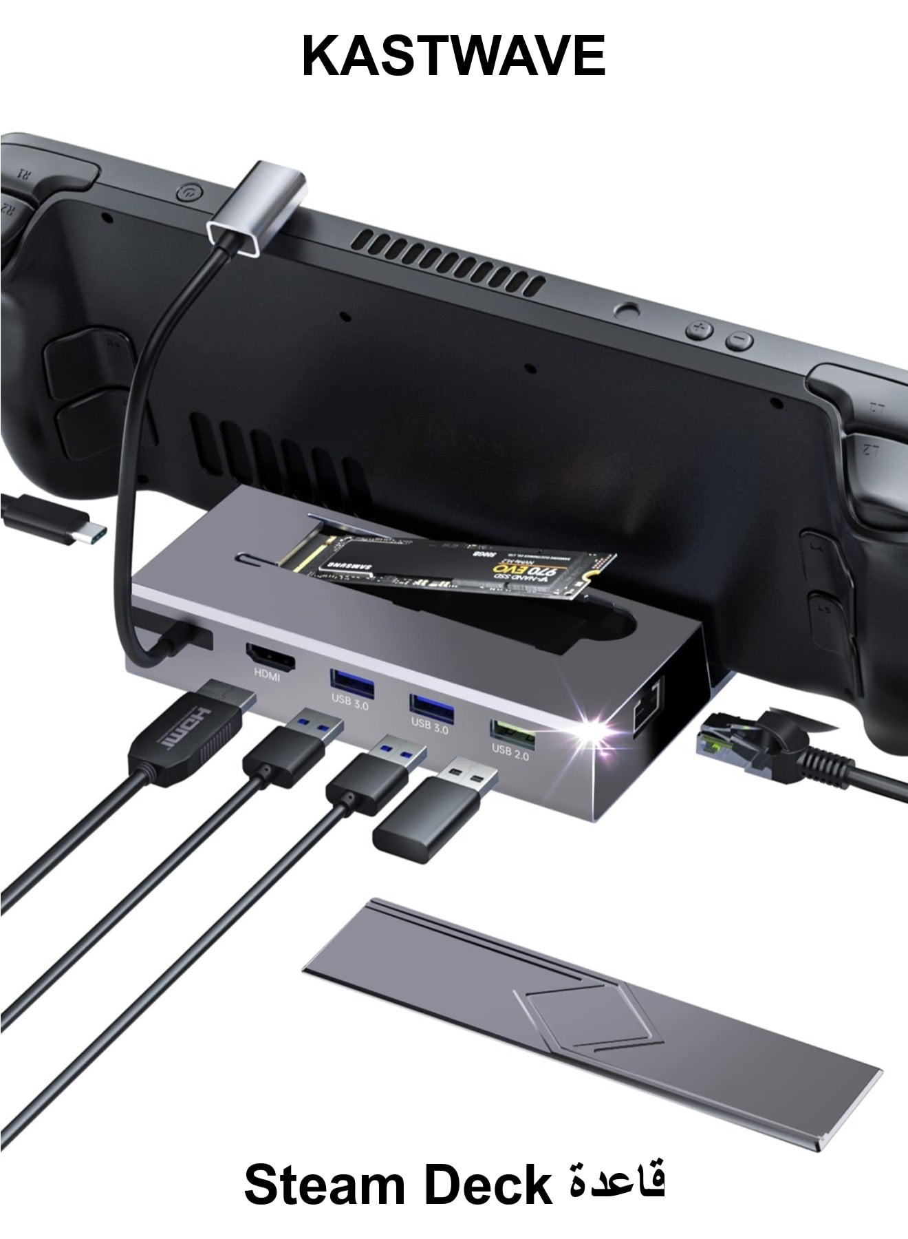 M.2 Docking Station for Steam Deck, 7 in 1 Docking Station with SSD Port HDMI 2.0 4K@60Hz, Gigabit Ethernet, 3 USB and Full Speed USB-C Charge Port Compatible with Valve Steam Deck