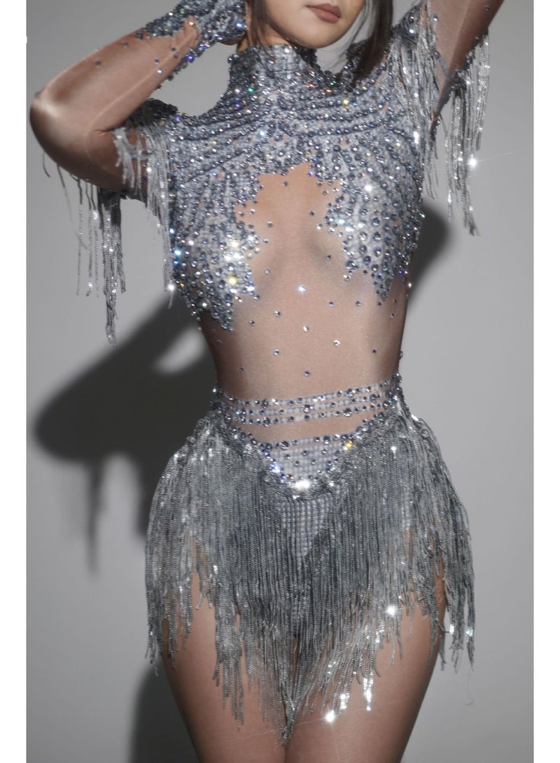Women Sparkly Rhinestone Sequin Tassel Stretch Bodysuits 2026 New Arrival Birthday Party Nightclub Dj Stage Performance Costume - Image 2