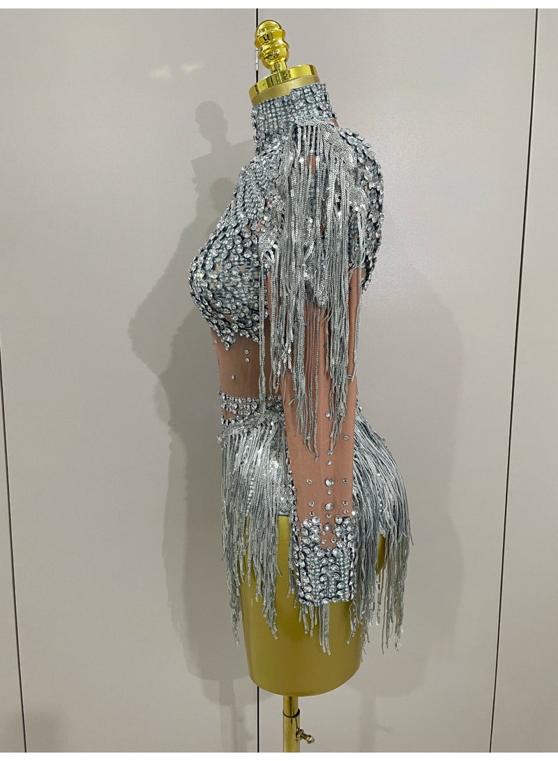 Women Sparkly Rhinestone Sequin Tassel Stretch Bodysuits 2026 New Arrival Birthday Party Nightclub Dj Stage Performance Costume - Image 5