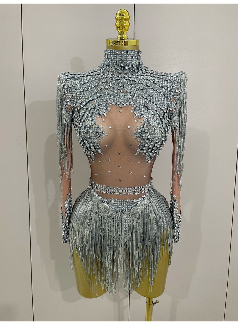 Women Sparkly Rhinestone Sequin Tassel Stretch Bodysuits 2026 New Arrival Birthday Party Nightclub Dj Stage Performance Costume - Image 4