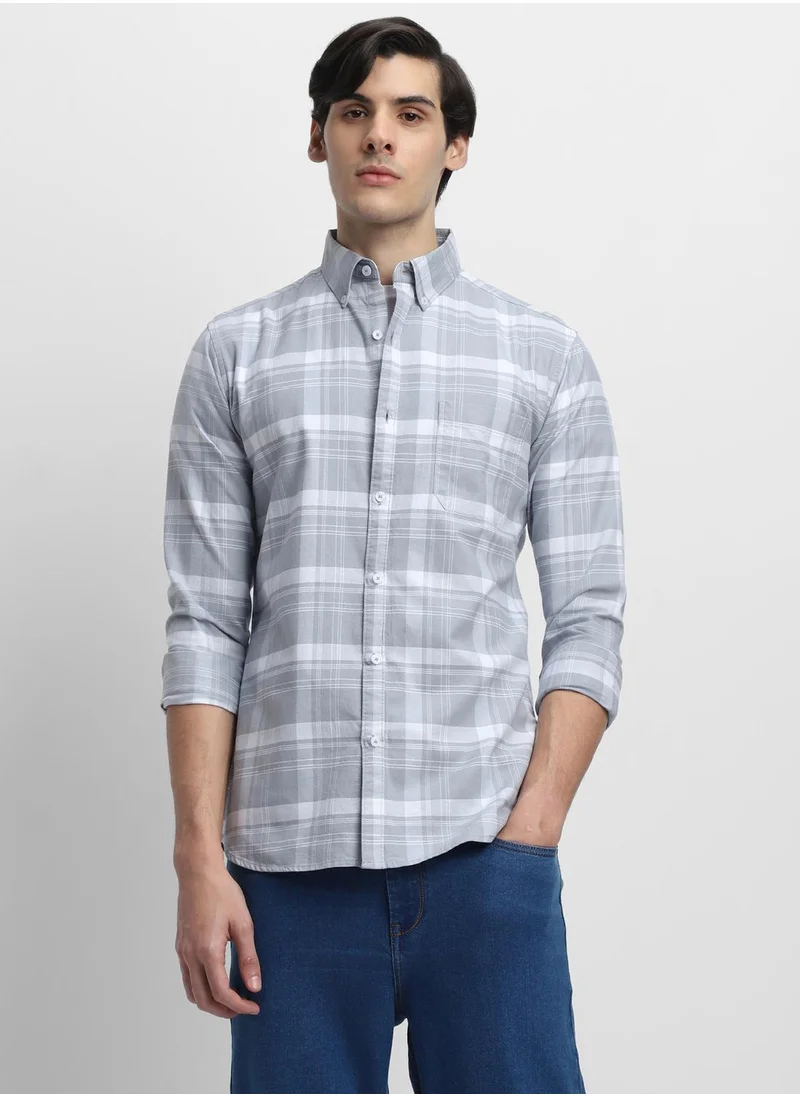 Dennis Lingo Men's Grey 100% Cotton Checkered Button Down Shirt