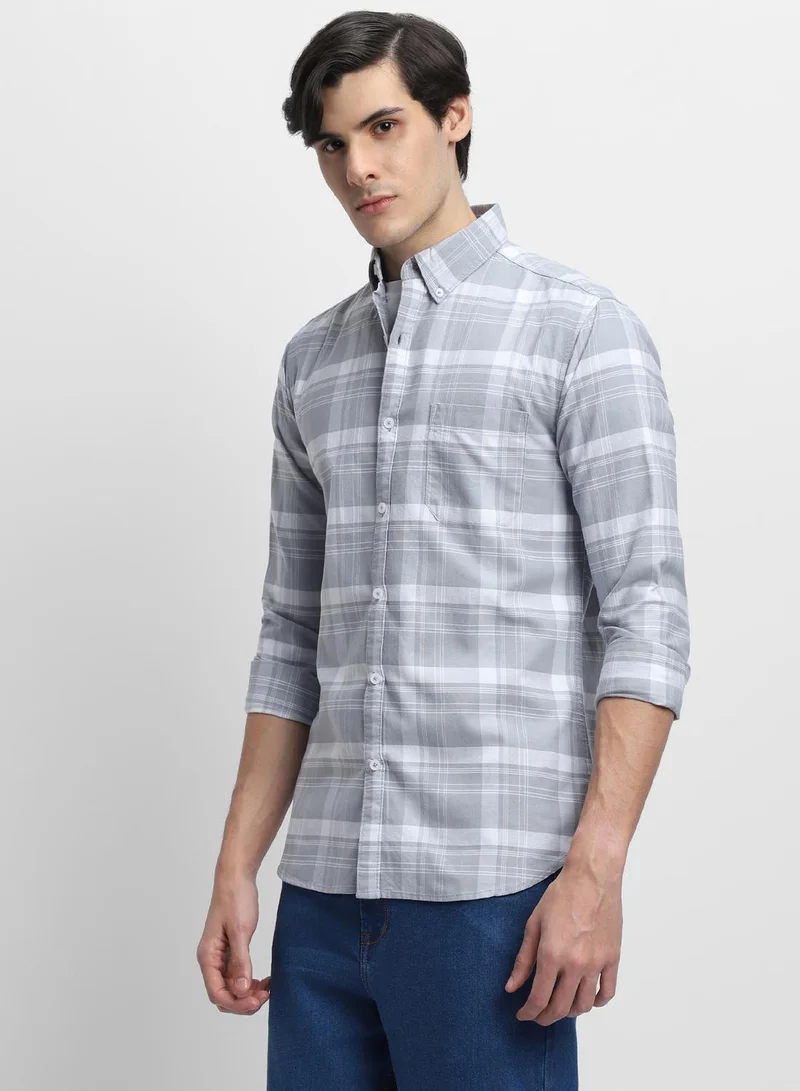 Dennis Lingo Men's Grey 100% Cotton Checkered Button Down Shirt
