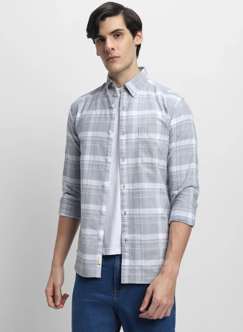 Dennis Lingo Men's Grey 100% Cotton Checkered Button Down Shirt