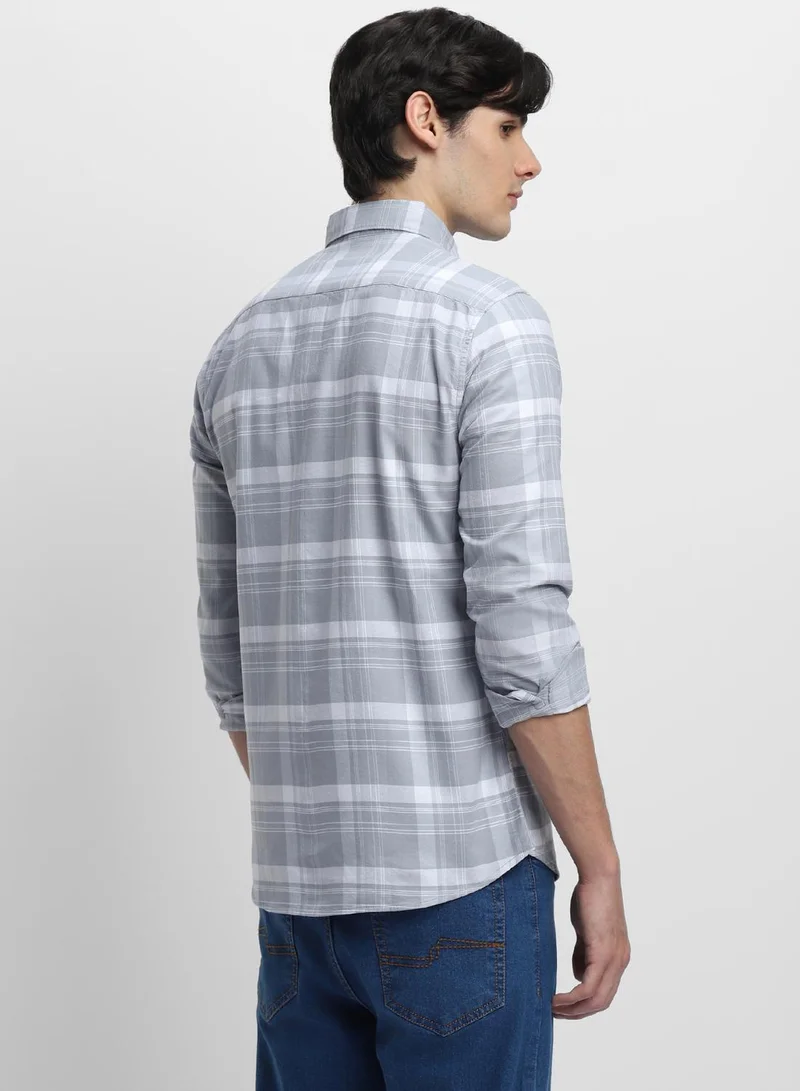 Dennis Lingo Men's Grey 100% Cotton Checkered Button Down Shirt