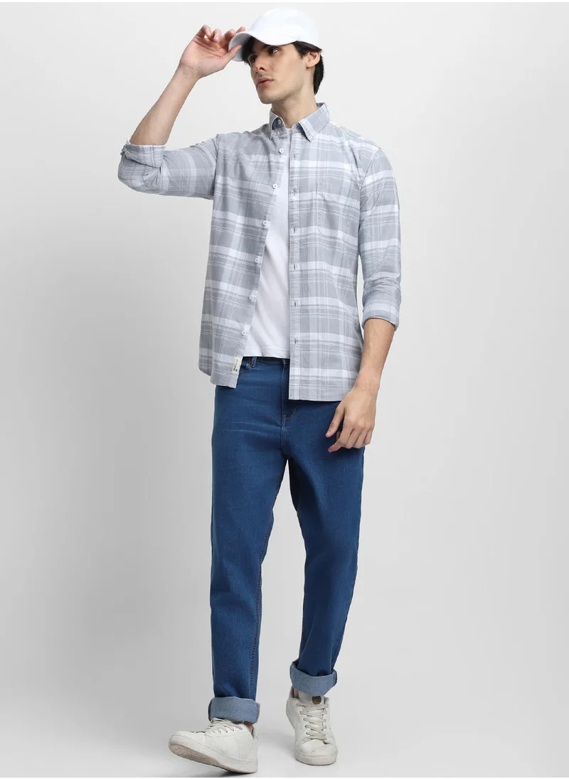 Dennis Lingo Men's Grey 100% Cotton Checkered Button Down Shirt