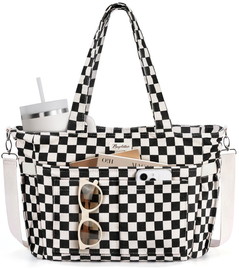 Bagstellar Corduroy Tote Bag for Women, 17 Pockets Laptop Work Tote Bag Lightweight Teacher Nurse Bible Bag for School Travel - Image 1