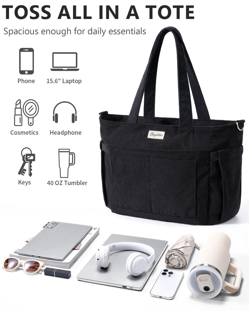 Bagstellar Corduroy Tote Bag for Women, 17 Pockets Laptop Work Tote Bag Lightweight Teacher Nurse Bible Bag for School Travel - Image 5