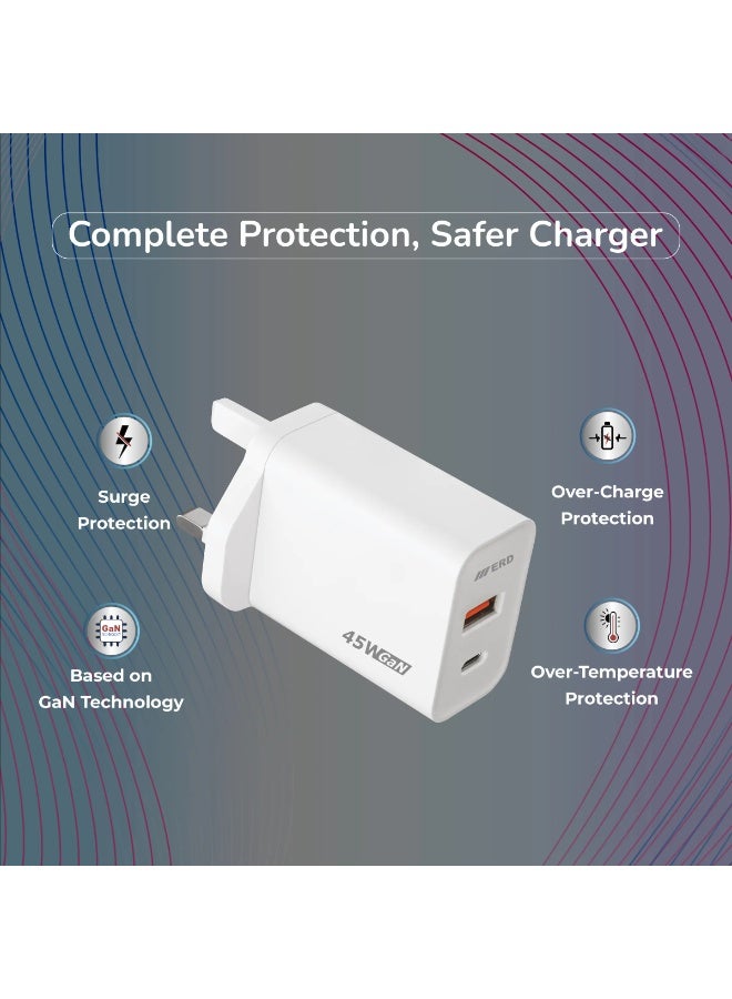 ERD شاحن سريع ERD TCU-645 بقوة 45 واط - منفذين USB-A و USB-C مع كابل C إلى C | شحن سريع متعدد الأجهزة | أبيض | 45 واط - Image 3