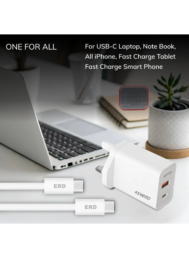 ERD شاحن سريع ERD TCU-645 بقوة 45 واط - منفذين USB-A و USB-C مع كابل C إلى C | شحن سريع متعدد الأجهزة | أبيض | 45 واط - Image 5