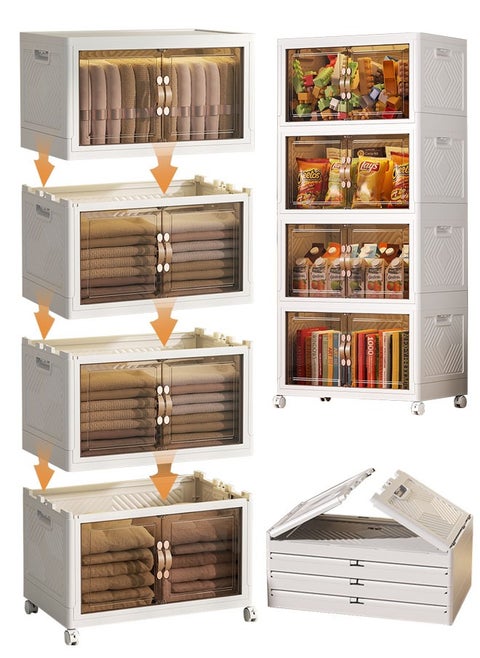 Foldable Plastic Storage Box 4 layers With Wheels and Doors,XLarge Storage Bin with Lid Organizers Stackable Storage Bins, Closet Organizers Double Door Magnetic with Universal Pulley