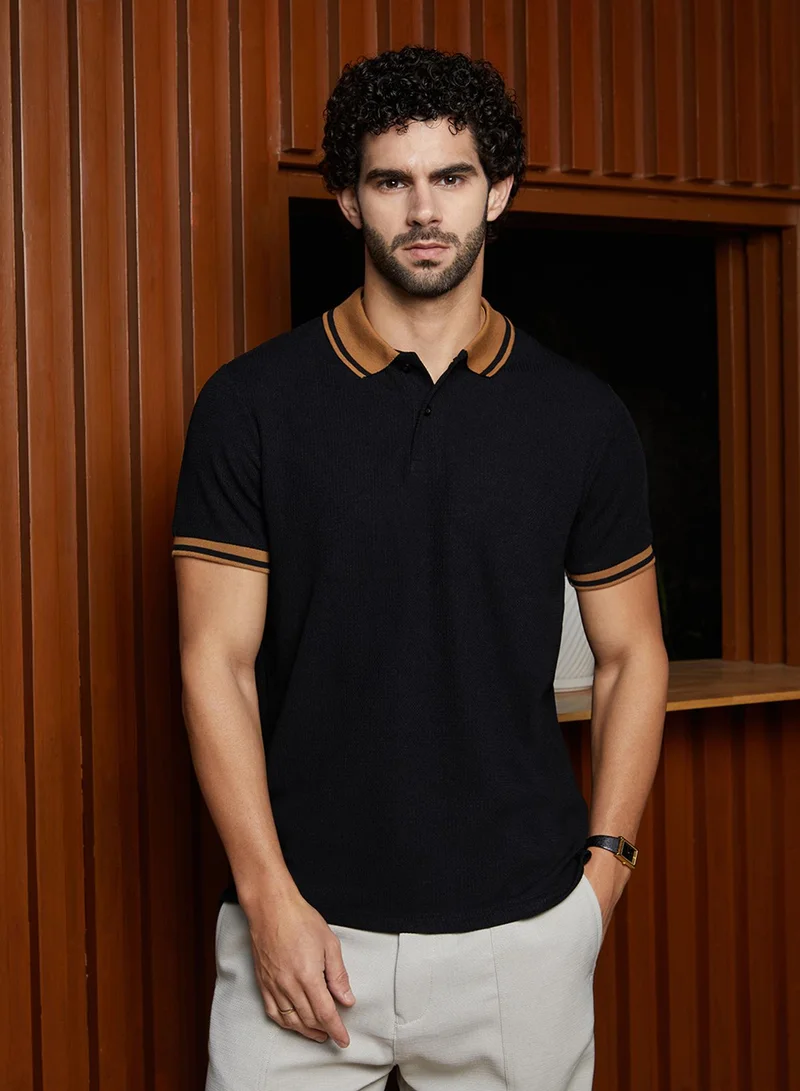 Campus Sutra Campus Sutra Men's Onyx Black Cuboid-Stripe Polo T-Shirt For Casual Wear | Polo Neck | Short Cuffed Sleeves | Half-Button Closure | T-Shirt Crafted With Comfort Fit For Everyday Wear