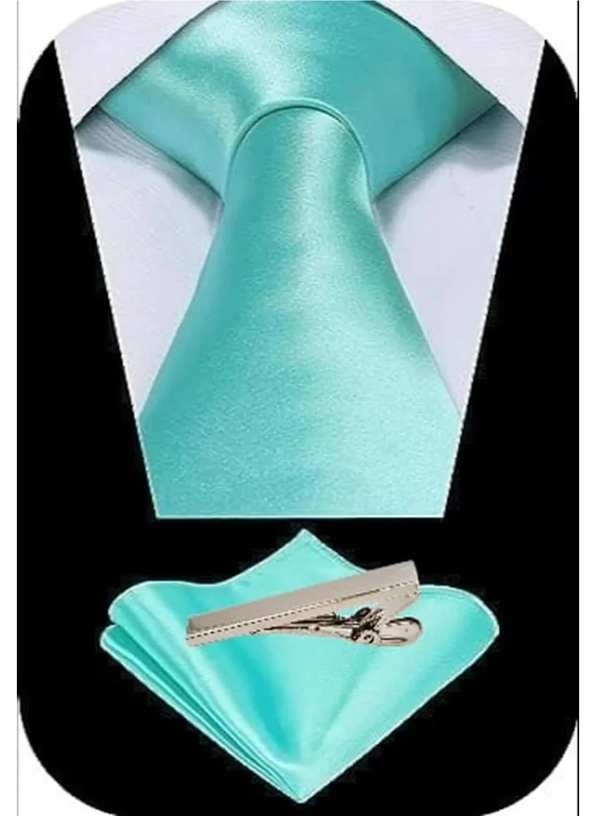 Tezzgelsin Men's Satin Tie Handkerchief and Silver Steel Tie Clip Set