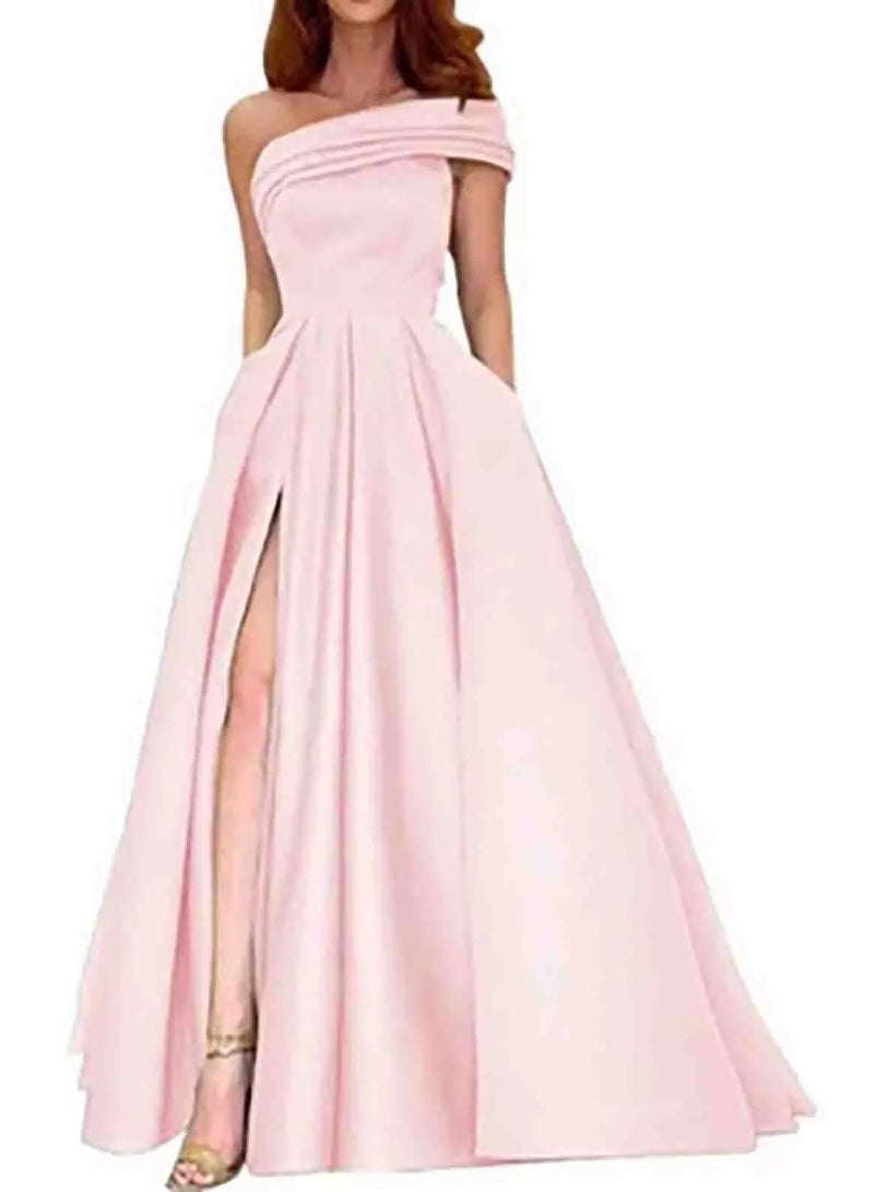 NIBEMINENT One Shoulder Satin High Slit Boat Neck Wedding Dresses For Women  Sweep Train Bridal Gowns Moderator Host Dresses - Image 1