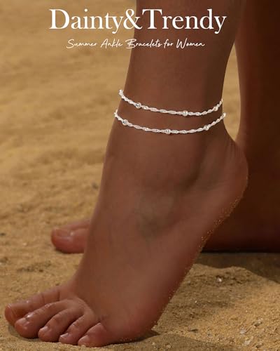FUNEIA Gold Silver Ankle Bracelets for Women Waterproof 14K Gold Plated Anklets for Women Non Tarnish Dainty Layered Beaded Heart Anklet Set Summer Beach Foot Chain Jewelry Gifts Trendy Stuff - Image 2