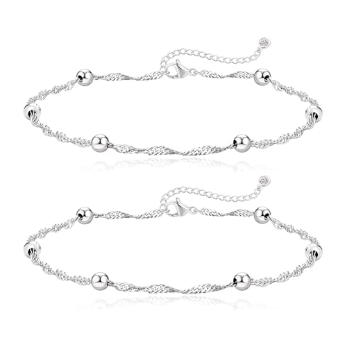 FUNEIA Gold Silver Ankle Bracelets for Women Waterproof 14K Gold Plated Anklets for Women Non Tarnish Dainty Layered Beaded Heart Anklet Set Summer Beach Foot Chain Jewelry Gifts Trendy Stuff - Image 1