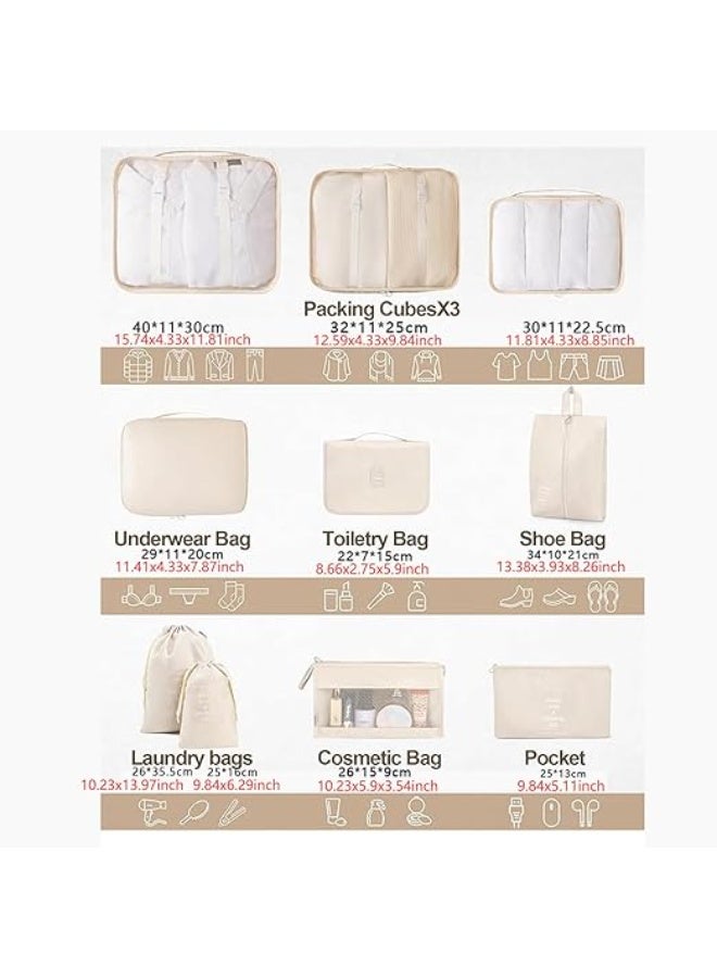 مجموعة من 10 مكعبات لتنظيم حقائب السفر، مكعبات تعبئة لحقائب السفر، منظمات السفر، حقيبة تخزين الأمتعة، مجموعة تعبئة السفر مع حقيبة غسيل وحقيبة أحذية وحقيبة ملابس داخلية (بيج) - Image 2