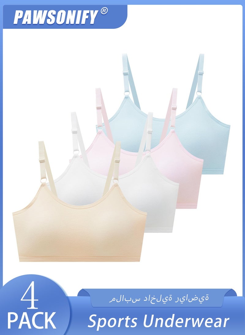 PAWSONIFY 4 Pack Sports Bras for Girls - Cotton Training Crop Bras with Fixed Bust Pads & Adjustable Straps, Teenage Girls Underwear Crop Tops for Ages 13-18, Soft Sports Training Bras - Image 1